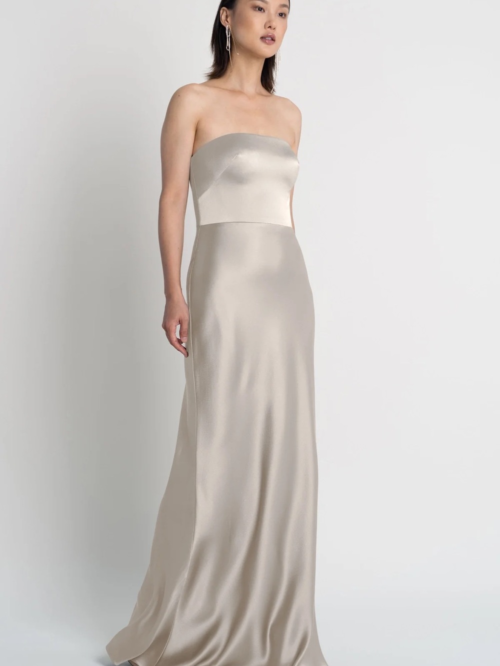 Jenny Yoo Melody Strapless Satin Dress in Platinum